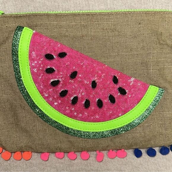 EXPRESS Linen Cotton Bright Neon Watermelon Sequined Tasseled Zip Clutch - Picture 3 of 9